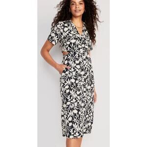 Old Navy Waist-Defined Midi Shirt Dress Navy Blue White Floral Cotton Sz XXL
